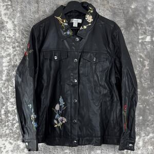 CJ Banks Plus Size 1X Moto Snap Floral Embroidered Faux Leather Jacket Black